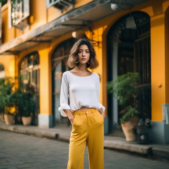 黃色褲子配什么顏色衣服,黃藍撞色與奶油棕調,黃色褲子的夏日配色靈感